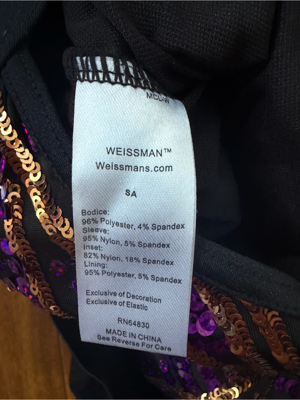 Weissman Purple/Gold Sequin Fringe with Black Sleeves Small Adult Nearly New - Picture 4 of 4